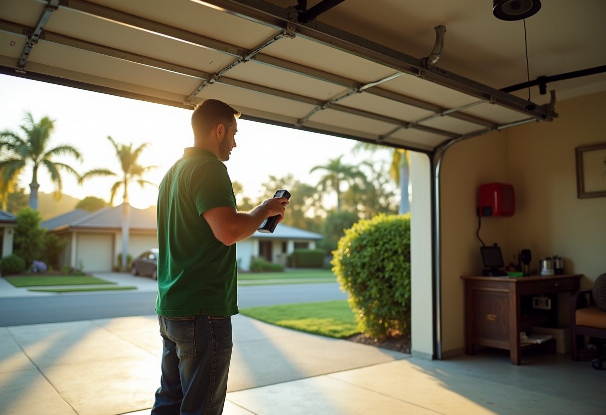 Technician adjusting a belt-drive garage opener — Hope Island